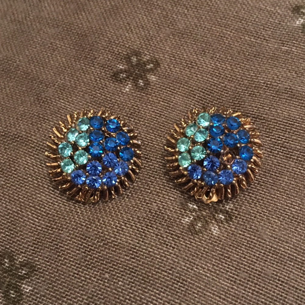 Vintage Blue and Green Rhinestone Gold Tone Clip On Earrings